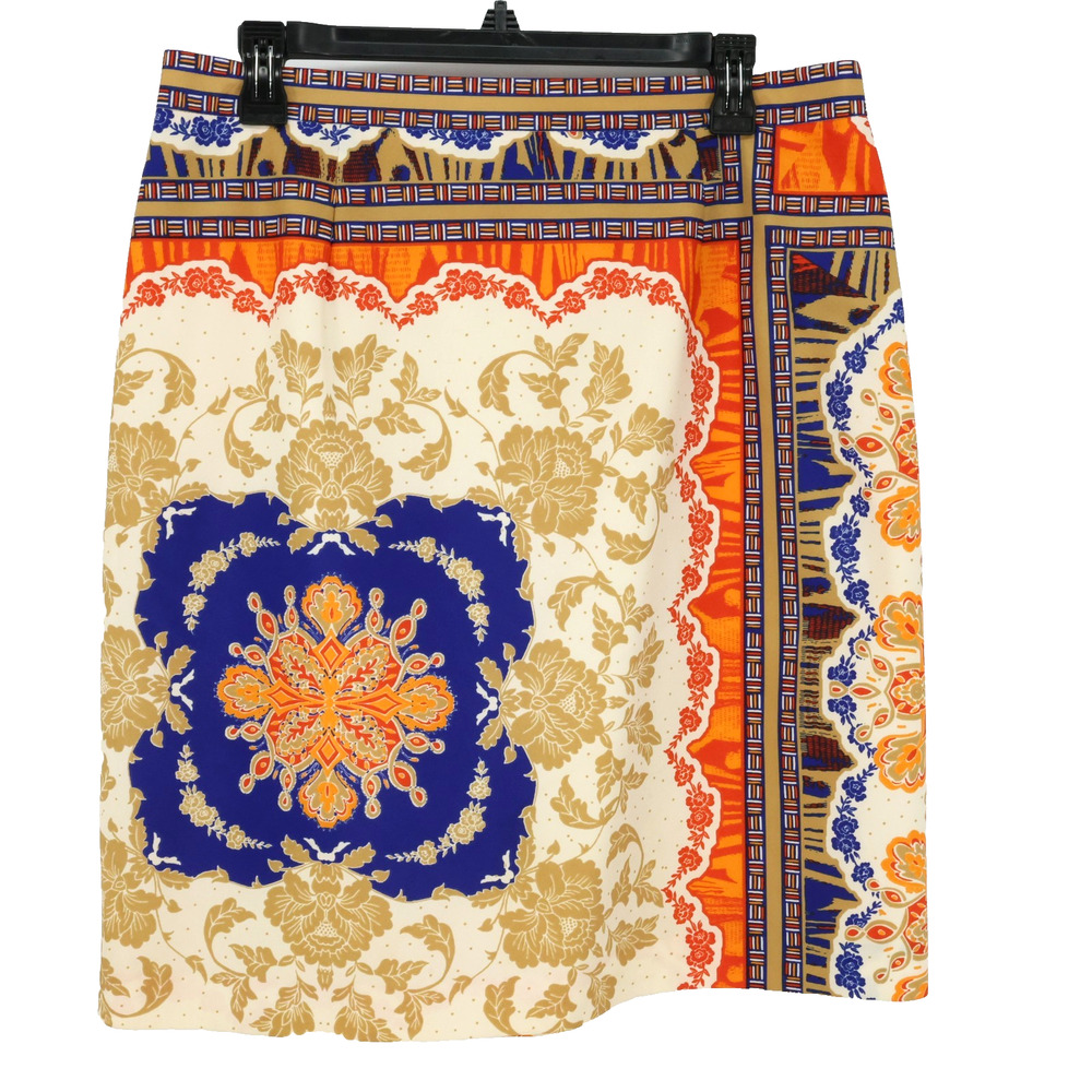 Antonio Melani Skirt Womens 12 Beige Blue Orange Lined Pencil Back Zip Career